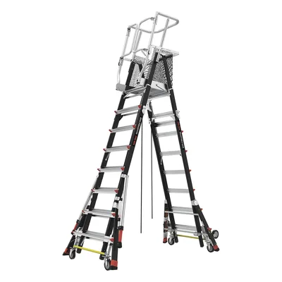 Escalera de Fibra de Vidrio con Jaula / Ajuste de Altura 8' a 14' (2.44 a 4.27 m) / Carga Máxima 170 kg (375 lb) / Nivelación en Ruedas Ratchet™ / Peso 58.5 kg (129 lb)