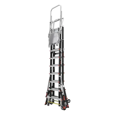 Escalera de Fibra de Vidrio con Jaula / Ajuste de Altura 8' a 14' (2.44 a 4.27 m) / Carga Máxima 170 kg (375 lb) / Nivelación en Ruedas Ratchet™ / Peso 58.5 kg (129 lb)