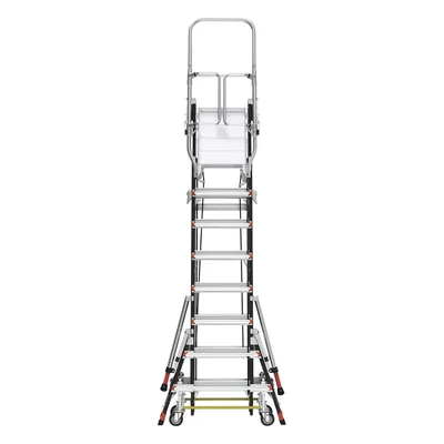 Escalera de Fibra de Vidrio con Jaula / Ajuste de Altura 8' a 14' (2.44 a 4.27 m) / Carga Máxima 170 kg (375 lb) / Nivelación en Ruedas Ratchet™ / Peso 58.5 kg (129 lb)