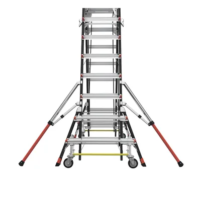 Escalera de Fibra de Vidrio con Jaula / Ajuste de Altura 8' a 14' (2.44 a 4.27 m) / Carga Máxima 170 kg (375 lb) / Nivelación en Ruedas Ratchet™ / Peso 58.5 kg (129 lb)