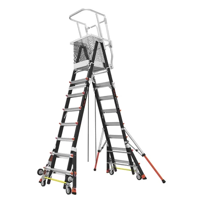 Escalera de Fibra de Vidrio con Jaula / Ajuste de Altura 8' a 14' (2.44 a 4.27 m) / Carga Máxima 170 kg (375 lb) / Nivelación en Ruedas Ratchet™ / Peso 58.5 kg (129 lb)