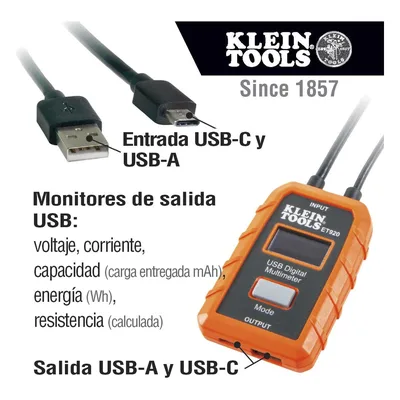 Multímetro Digital USB / Voltaje 3-20 V DC / Corriente hasta 5 A / Registro 1000 Horas / USB-A y USB-C / Resistente a Caídas 2 m (6.6 ft)