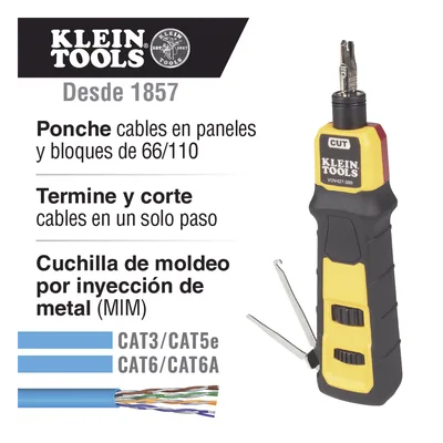 Ponchadora de Impacto / Termina y Corta CAT3/CAT5e/CAT6/6A / Paneles y Bloques 66/110 / Mango Acojinado / Fuerza Ajustable Alta/Baja / 6'' (15,2 cm)