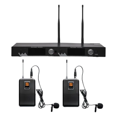 Kit de Micrófonía Inalámbrica UHF / 2 Micrófonos Lavalier / 200 Canales / Alcance 100 m (328 ft) / 15 Horas de Batería / Pantalla LCD