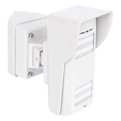 Detector Dual-Tech Inalámbrico para Exterior / Microondas + 2 PIR / Inmunidad Mascotas 35 kg / Montaje Ajustable ±45° / Cobertura 90° con Adaptador / 2 Baterías Litio 3V 4700 mAh