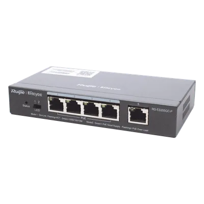 Switch Administrable PoE / 5 Puertos Gigabit / 4 Puertos PoE 802.3af/at / 54 W / Capacidad 10 Gbps / Gestión Cloud / Sin Ventilador