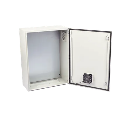 Gabinete de Acero para Exterior / IP55 / IK10 / 400 x 600 x 250 mm / Ventilación Forzada 110 VCA / Carga 25 kg / Placa Trasera 350 x 565 mm