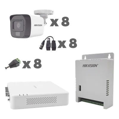 Kit TurboHD / DVR 8 Canales / Audio por Coaxitron / 8 Cámaras 1080p / Micrófono Integrado / Luz Blanca + IR / Fuente Ajustable 12-15 V