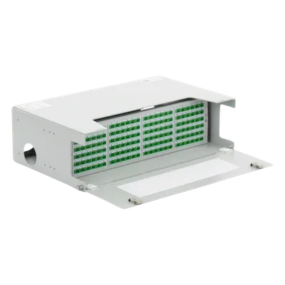 Distribuidor de Fibra Óptica / 144 Empalmes / 144 Acopladores SC/APC / 144 Pigtails SC/APC / 19" / 3 UR / 12.8" Profundidad
