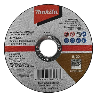 Disco de Corte / 4-1/2 pulg (115 mm) / Inox y Acero / Eje 7/8 pulg (22.23 mm) / Velocidad Máxima 4,800 RPM / 80 m/s