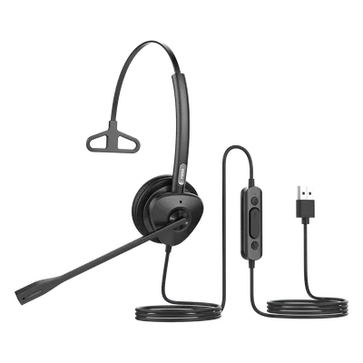Diadema USB Monoaural / Cancelación de Ruido ENC / Audio HD / Micrófono Dual / Plug-and-Play