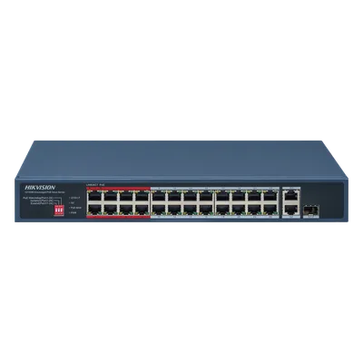 Switch PoE+ / 24 Puertos 10/100 Mbps PoE+ / 2 Puertos Gigabit Uplink / 1 Puerto SFP Uplink / Modo Extendido 300 m (984 pies) / 230 W