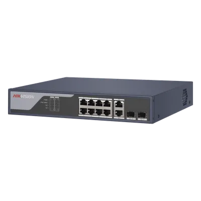 Switch PoE+ / Administrable / Uso en Rack / 8 Puertos 10/100 PoE+ / 2 Puertos 1000 Mbps Uplink / 2 Puertos SFP / Configuración Nube desde Hik-PartnerPro / Modo Extendido hasta 300 Metros / 125 W