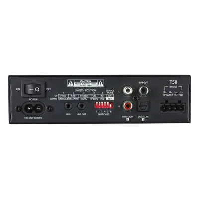 Amplificador de Potencia Clase D / 2 Canales / 50W a 8Ω / Salida Subwoofer / Control IR con Aprendizaje / 110V-220V / Montaje en Pared