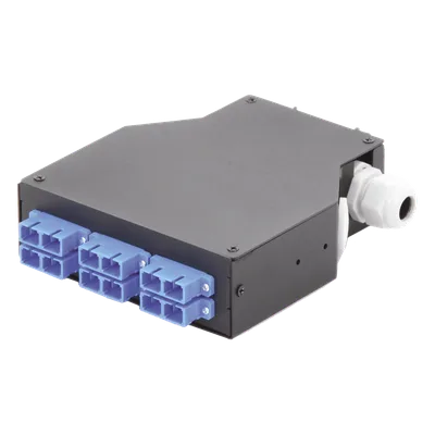 Distribuidor de Fibra Óptica / Riel DIN / 6 Acopladores SC/UPC Dúplex Monomodo / Charola 24 Fusiones / IP67 / 4x12.6x14.2 cm