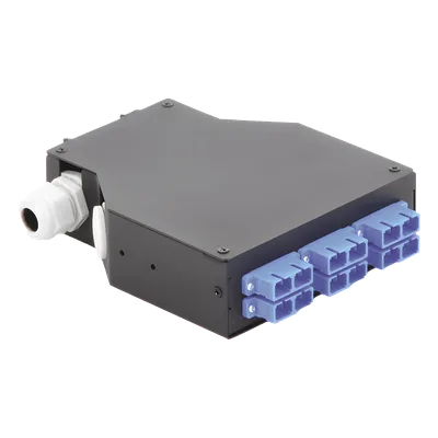 Distribuidor de Fibra Óptica / Riel DIN / 6 Acopladores SC/UPC Dúplex Monomodo / Charola 24 Fusiones / IP67 / 4x12.6x14.2 cm