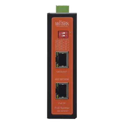 Splitter PoE Industrial / Entrada 90 W 802.3bt / Salida DC Seleccionable 12V/16V/24V/48V / 2 Puertos Gigabit / Protección 6 kV / Riel DIN
