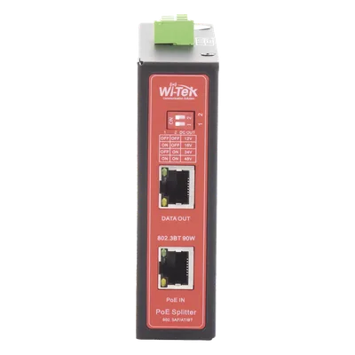 Splitter PoE Industrial / Entrada 90 W 802.3bt / Salida DC Seleccionable 12V/16V/24V/48V / 2 Puertos Gigabit / Protección 6 kV / Riel DIN