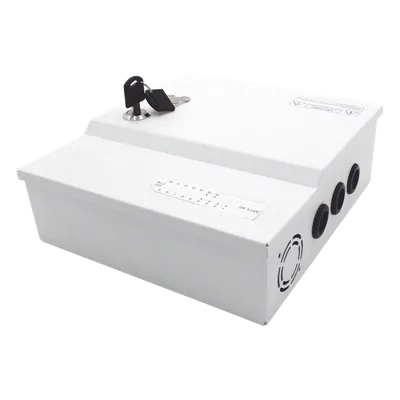Fuente de poder profesional de 12 Vcc @ 16 A / para 16 cámaras / Con capacidad de batería de respaldo / Requiere batería / Voltaje de entrada de 96-264 Vca