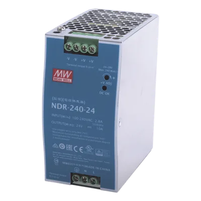 Fuente de Poder Industrial / Riel DIN / 240W / 24Vcc / 10A / Entrada 90-264Vca / Eficiencia 88.5% / Sin Ventilador