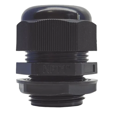 Conector Glándula Plástico / Rosca NPT 1" (25.4 mm) / Rango de Cable 16-22 mm / Color Negro / 7 Dimensiones Precisas