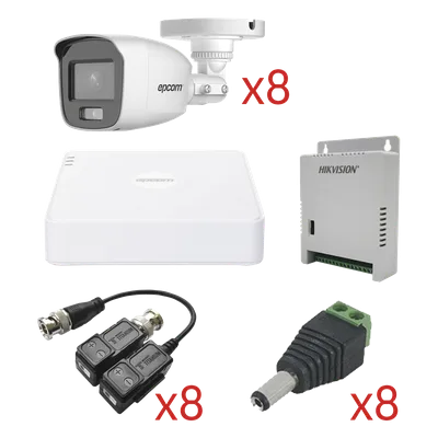 Kit TurboHD con Audio / DVR 8 Canales 1080p Lite / 8 Cámaras Bala 2.8 mm 105° / Audio Coaxitron / Luz Blanca 20 m (65.6 ft) / Fuente Regulada