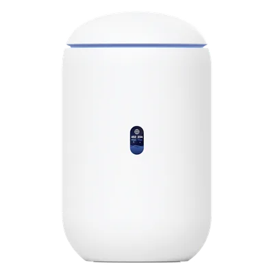 UniFi Dream Router con WiFi 6, 4 puertos LAN Gigabit de los cuales 2 son POE 802.3af. Aplicaciones UniFi Network, Protect y Access pre-instaladas. Pantalla LCD