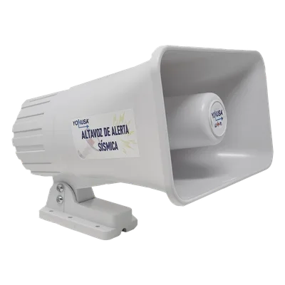 Sirena de Alertamiento Sísmico / Emisión Oficial 150 s / Alcance 25 m (82 ft) / Potencia 30 W / Compatible Módulos YASWIFI y YASMOD / Alimentación 12-14 VDC