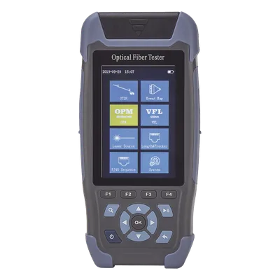 Mini OTDR / Fibra Óptica Monomodo / 1310 nm y 1550 nm / Rango Dinámico 24 dB/22 dB / Distancia 64 km (39.77 mi) / VFL 10 mW / Pantalla 3.5" / 12 h Autonomía