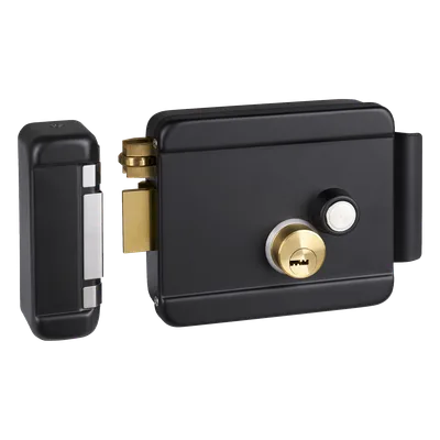 Cerradura Eléctrica con Botón de Salida / Doble Cerrojo / 12 VDC 2.5 A / Activación por Pulso 2 s / Exterior Izquierda / Cuerpo 129 x 103 x 38 mm