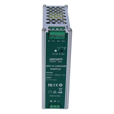 Fuente de alimentación / Entrada 100-240 Vac / Salida 12 Vcc 6.3 A / 75 W / Montaje en riel DIN / 4.53 x 1.55 x 5.08 pulgadas