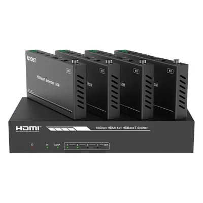 Splitter HDMI HDBaseT / 1x4 Distribución / 4K@60Hz 4:4:4 / Alcance 120 m (393.7 ft) en 4K / 150 m (492.1 ft) en 1080p / PoC / Audio Extraíble / EDID Avanzado / IR y RS232