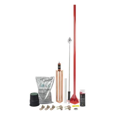 Kit Pararrayos / Protección 80 m (262.5 ft) de Diámetro / Punta con Mástil 1.2 m (3.9 ft) / Electrodo 100A / Mejorador de Suelo H2OHM / Conectores de Bronce / Aluminio Magnetoactivo