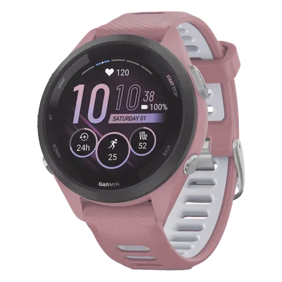 Forerunner® 265S, Bisel negro con carcasa en rosa y correa de silicona en rosa/gris