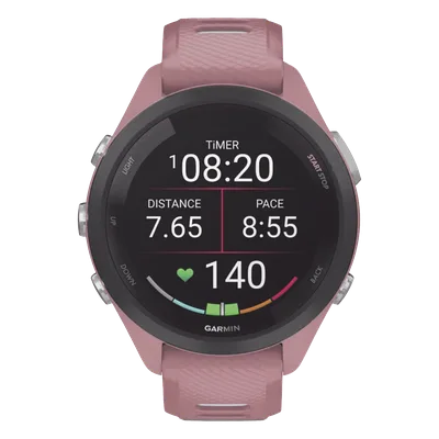 Forerunner® 265S, Bisel negro con carcasa en rosa y correa de silicona en rosa/gris