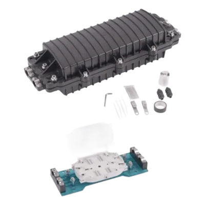 Caja de Distribución de Fibra Óptica Horizontal / 96 Empalmes / IP68 Exterior / 2 Puertos / Polipropileno UV