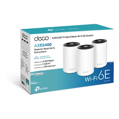 Sistema Mesh Wi-Fi / Wi-Fi 6E AX5400 / Triple Banda / 3 Nodos / 3 Puertos Gigabit WAN/LAN Auto-Detección / 4 Antenas Internas / Administración por App