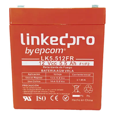 Batería de Respaldo AGM-VRLA / 12 V / 5.5 Ah / Retardante a la Flama UL94-V0 / Vida Útil 5 Años / Terminales F1 con Adaptador F2