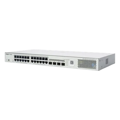 Switch Administrable L2 PoE+ / 24 Puertos Gigabit / 4 SFP Uplink 1G / 370W / Capacidad 56 Gbps / Protección 6 kV / 1U Rack