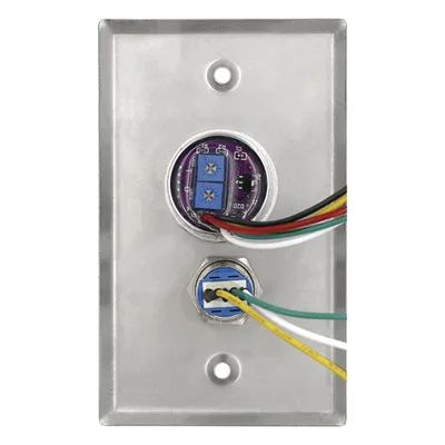 Botón de Salida Doble / Sin Contacto y Contacto / IP65 / Temporizador 0-30 s / Detección 5-25 cm / LED Azul/Verde / 12/24 VCC
