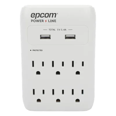 Multicontacto de Pared / 6 Salidas NEMA 5-15R / Supresor de Picos 1080 J / 2 x USB-A 5V/3.4A / 1800W / Filtro EMI/RFI 40 dB