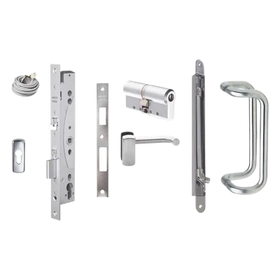 Kit de cerradura motorizada / Apertura automática por control de acceso / Perfil europeo / Acero inoxidable / Manija interior de emergencia