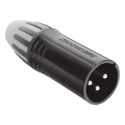 Conector XLR Macho / Chapado en Plata / Carcasa Metálica Negra / Cables 3.5 a 8 mm / Sin Anillo / Protección Poliuretano
