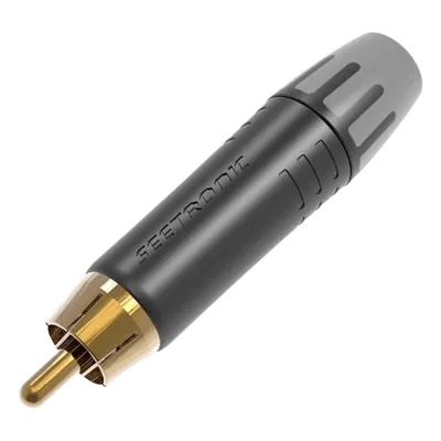 Conector RCA Macho / Contacto Enchapado en Oro / Carcasa Metálica Negra / Audio y Video / Cable 3.5-6.5 mm / 2000 Ciclos