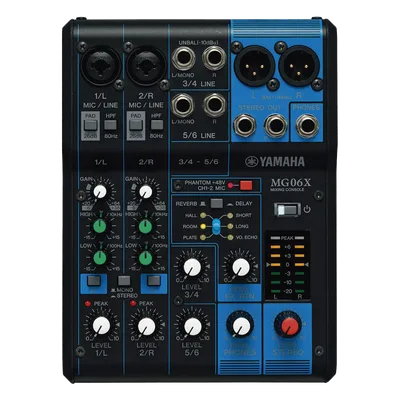Mezcladora de Audio / 6 Canales / 2 Entradas Micrófono + 4 Entradas Línea / Efectos SPX Integrados / Phantom +48V / Chasis Metálico Compacto