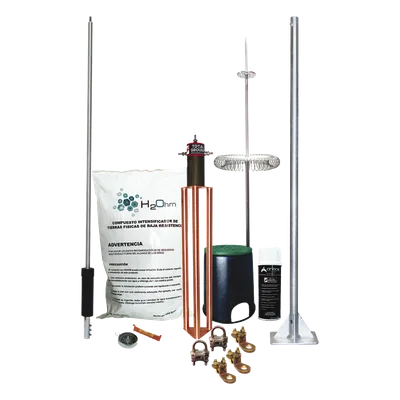 Kit de Pararrayo Dipolo Corona / Ángulo de Protección 72° / Mástil 1.2 m (3.9 ft) / Electrodo 45A / Mejorador de Suelo 11 kg / Base Plana Integrada