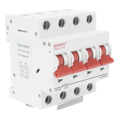 Protector Termomagnético DC / 4 Polos / 16 A / 1000 Vcc / Curva C / 6 kA / Montaje Riel DIN