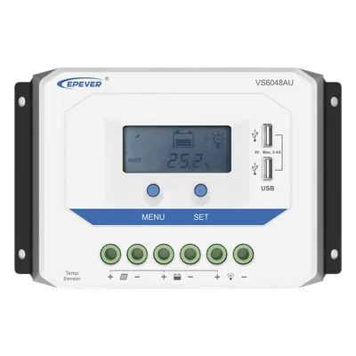 Controlador de Carga Solar PWM / 60A / Auto 12/24/36/48V / Pantalla LCD / USB Dual 5V 2.4A / Tierra Positivo Común