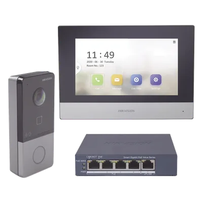 Kit de Videoportero IP / Pantalla Táctil 7" / Cámara 1080p / IR Nocturno 3 m (9.8 ft) / IP65 / PoE / Apertura MIFARE / App Móvil