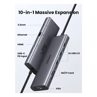 Hub USB-C / 10 en 1 / HDMI 4K@30Hz / VGA 1920x1200 / 3x USB 3.0 5Gbps / Ethernet Gigabit / SD/TF / PD 100W / Audio 3.5mm / Aluminio